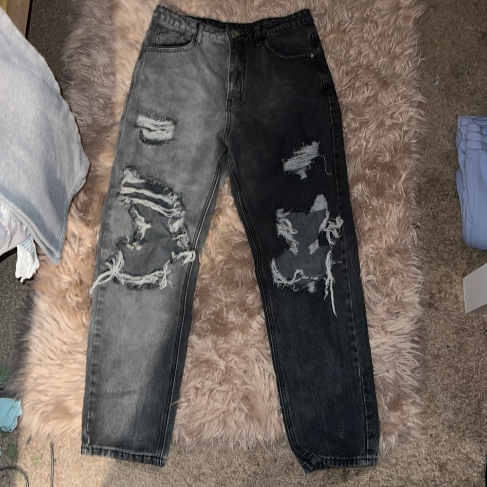Half grey half dark grey ripped jeans fit well